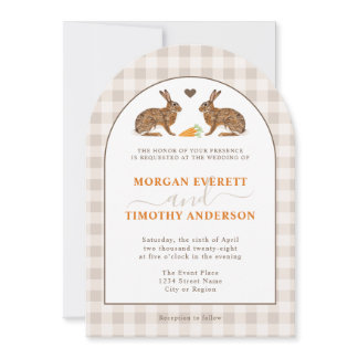 Rustic Woodland Hares On Beige Gingham Wedding Invitation