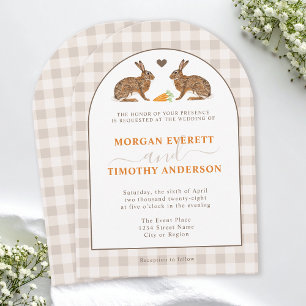 Rustic Woodland Hares On Beige Gingham Wedding Invitation