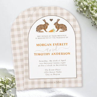 Rustic Woodland Hares On Beige Gingham Wedding Invitation