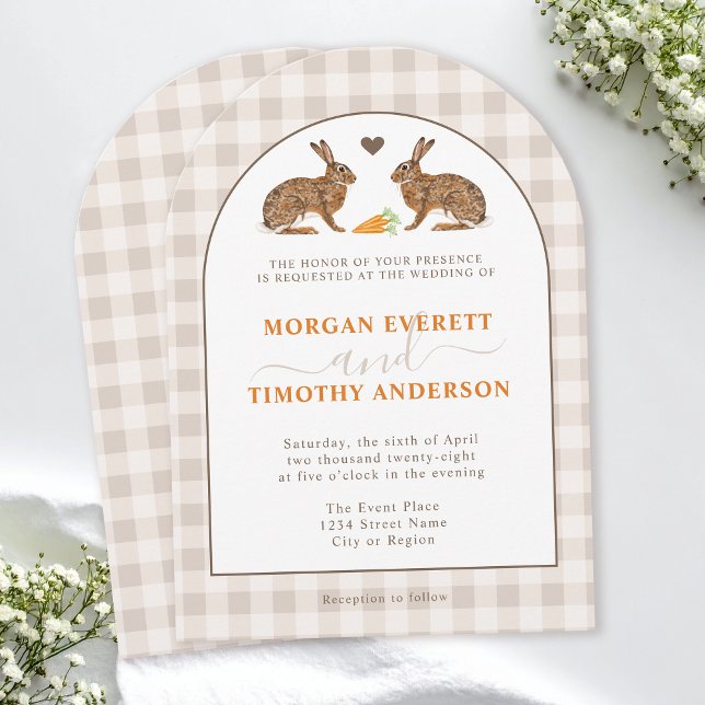 Rustic Woodland Hares On Beige Gingham Wedding Invitation (Creator Uploaded)