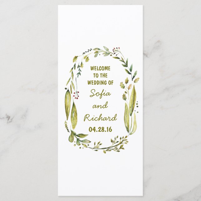 rustic woodland laurel watercolor wedding programs (Front)