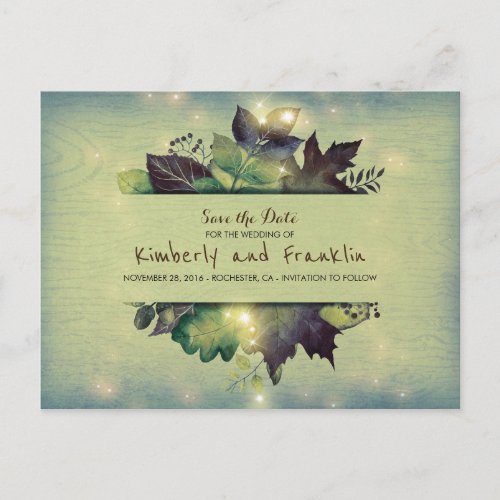 Rustic Woodland Leaves and Lights Save the Date Announcement Postcard