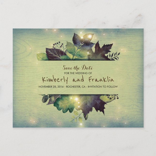 Rustic Woodland Leaves and Lights Save the Date Announcement Postcard (Front)