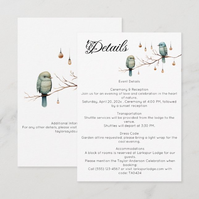 Rustic Woodland Love Birds  Romantic Wedding  Enclosure Card (Front/Back)