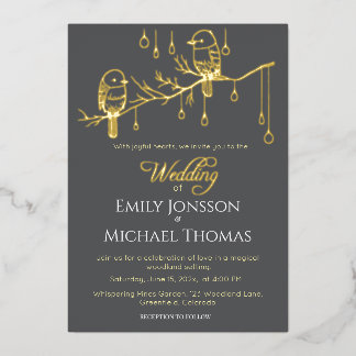 Rustic Woodland Love Birds Romantic Wedding Foil Invitation