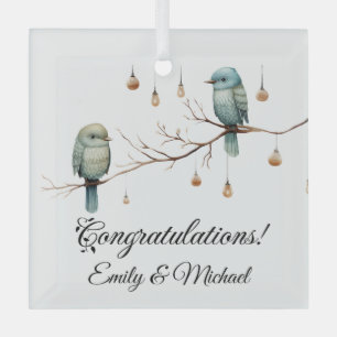 Rustic Woodland Love Birds Romantic Wedding Glass Ornament