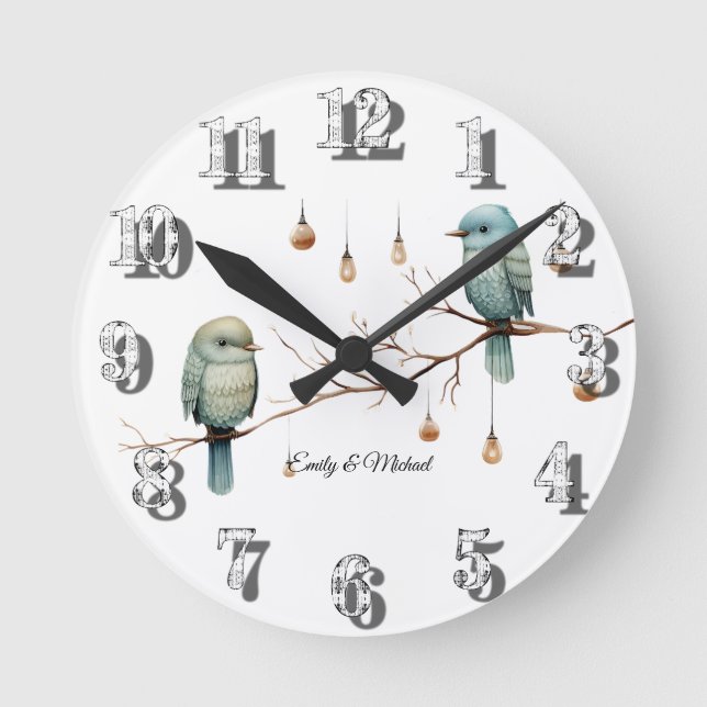 Rustic Woodland Love Birds  Romantic Wedding  Round Clock (Front)