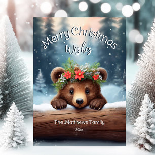 Rustic Woodland Merry Christmas Wishes Brown Bear Holiday Card