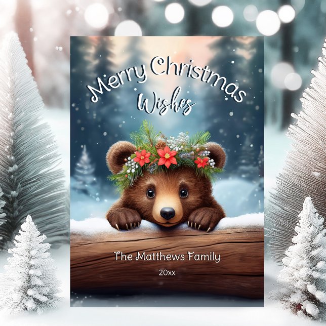 Rustic Woodland Merry Christmas Wishes Brown Bear Holiday Card (Adorable Winter Snowy Scene With Peeking Dogs or Farm/Woodland Animals - Over 50 to Choose From!)