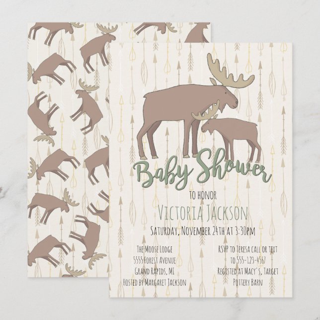Rustic Woodland Moose and Baby Shower Invitation (Front/Back)