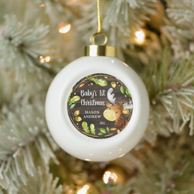 Rustic Woodland Moose Baby's First Christmas Ceramic Ball Christmas Ornament (Tree)