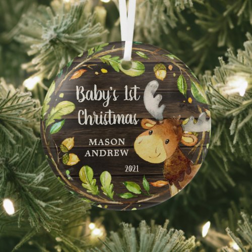 Rustic Woodland Moose Babys First Christmas Glass Ornament