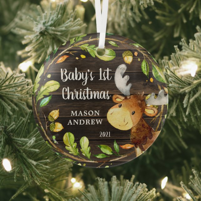 Rustic Woodland Moose Baby's First Christmas Glass Ornament (Insitu)