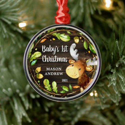 Rustic Woodland Moose Babys First Christmas Metal Ornament