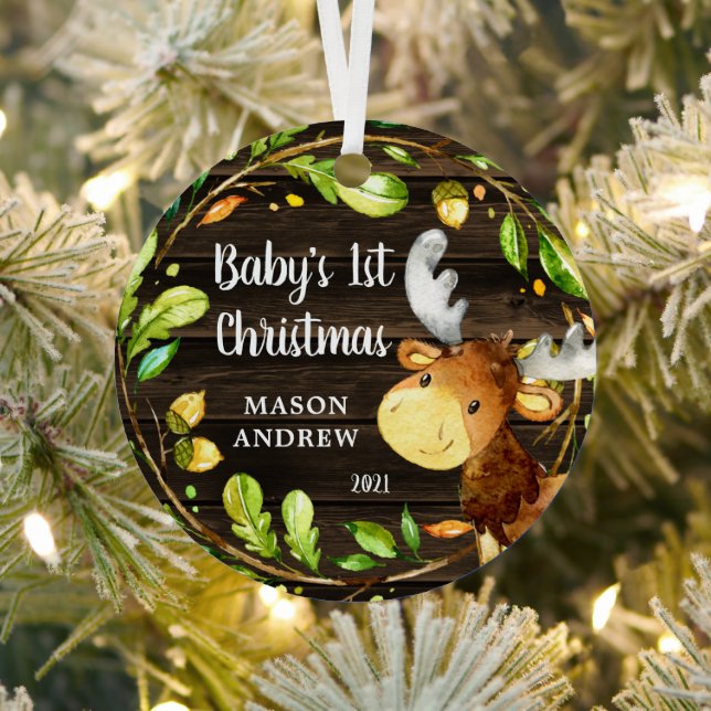 Rustic Woodland Moose Baby's First Christmas Metal Ornament (Insitu)