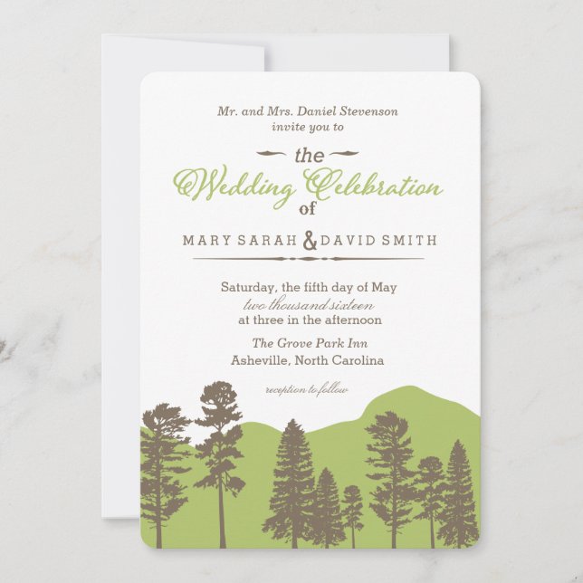 Rustic Woodland Mountain and Trees Wedding Invite (Front)