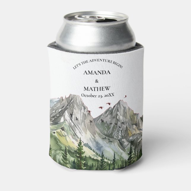 Rustic Woodland Mountain Forest Pine Wedding Can Cooler (Can Back)