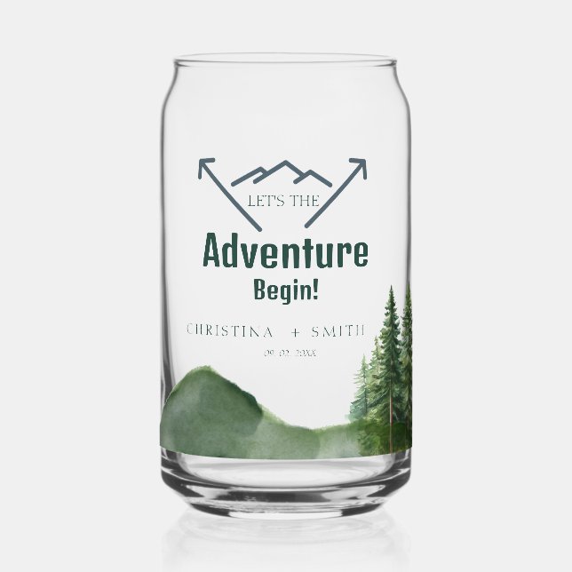 Rustic Woodland Mountain Forest Pine Wedding Can Glass (Front)
