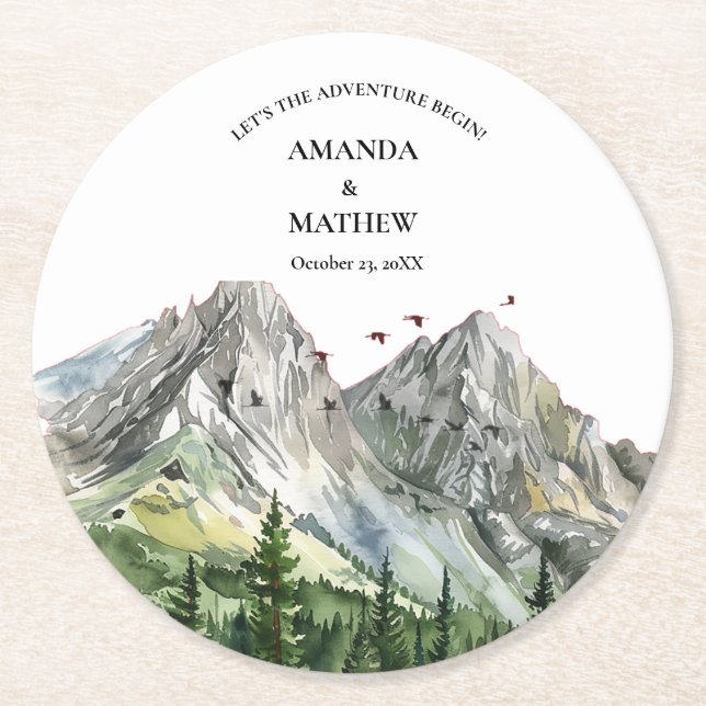 Rustic Woodland Mountain Forest Pine Wedding Round Paper Coaster (Front)