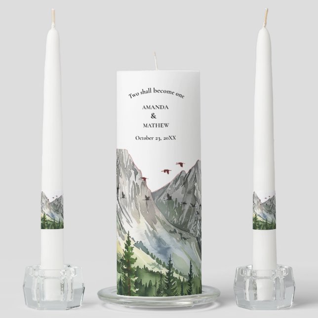 Rustic Woodland Mountain Forest Pine Wedding Unity Candle Set (Front)