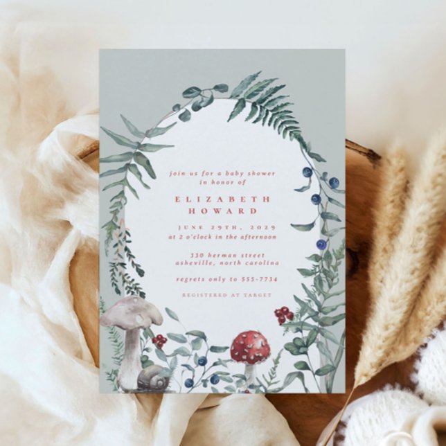 Rustic Woodland Mushroom Sage Green Baby Shower Invitation (Creator Uploaded)