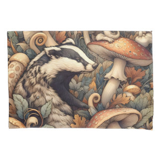 Rustic Woodland Mushrooms Badger Wild Nature Pillow Case