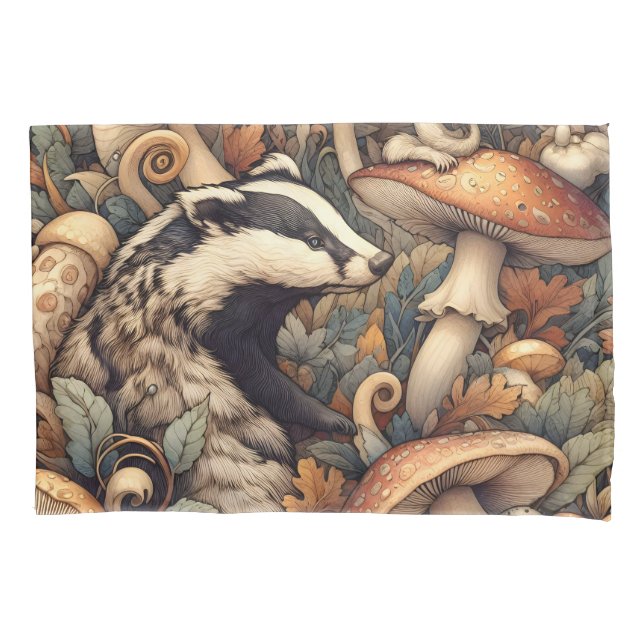 Rustic Woodland Mushrooms Badger Wild Nature  Pillow Case (Front)