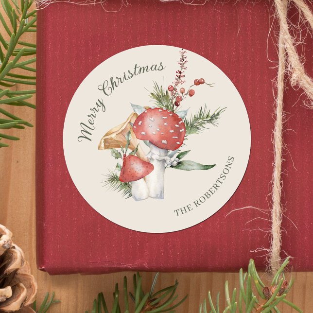 Rustic Woodland Mushrooms Christmas Forest Classic Round Sticker (Creator Uploaded)