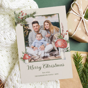 Rustic Woodland Mushrooms Christmas Photo Holiday Card
