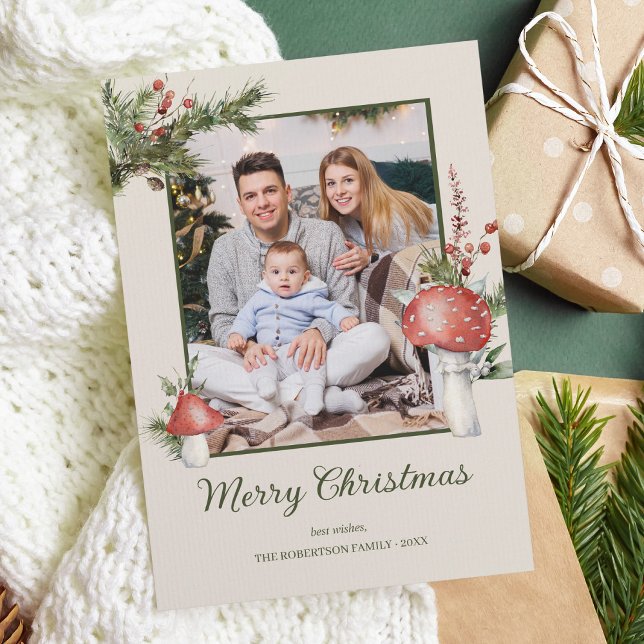 Rustic Woodland Mushrooms Christmas Photo Holiday Card (Creator Uploaded)