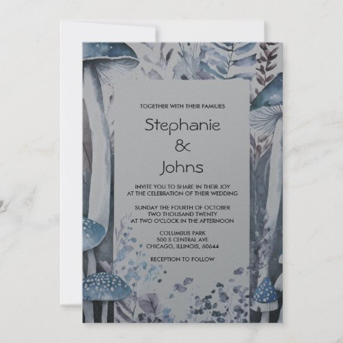 Rustic Woodland Mushrooms Grey Blue Silver Wedding Invitation