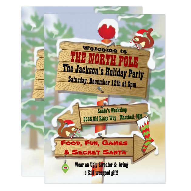 Rustic Woodland North Pole Signs Holiday Party Invitation