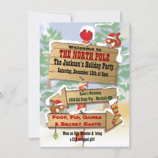 Rustic Woodland North Pole Signs Holiday Party Invitation | Zazzle
