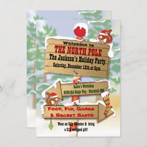 Rustic Woodland North Pole Signs Holiday Party Invitation