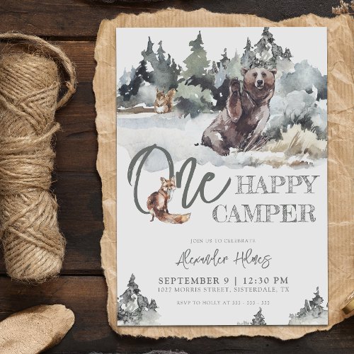 Rustic Woodland One Happy Camper Birthday Invitation