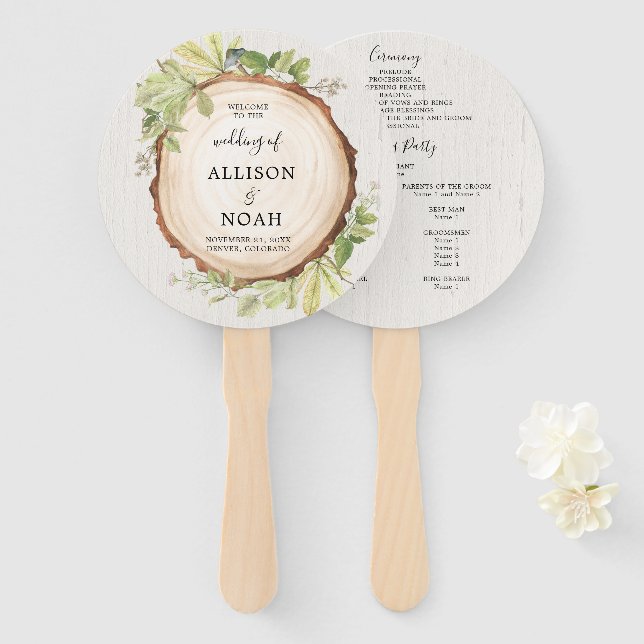 Rustic woodland outdoor forest wedding program hand fan (Front and Back)