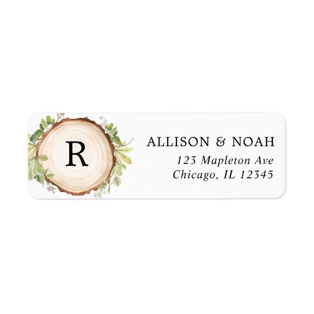 Rustic woodland outdoor forest wood slice wedding label (Front)