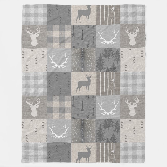 Rustic Woodland Patchwork - Neutrals Fleece Blanket (Front)