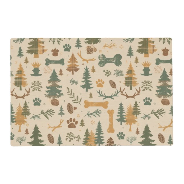 Rustic Woodland Pet Feeding Mat – Lodge‑Style Dog (Front)