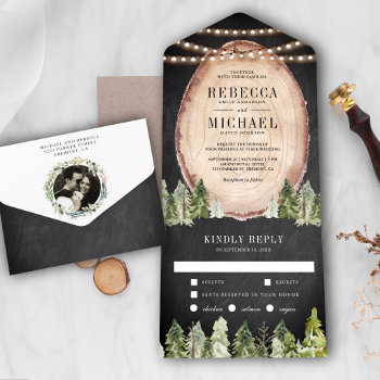 Rustic Woodland Pine Forest Wood Slice Wedding All In One Invitation by ShabzDesigns at Zazzle