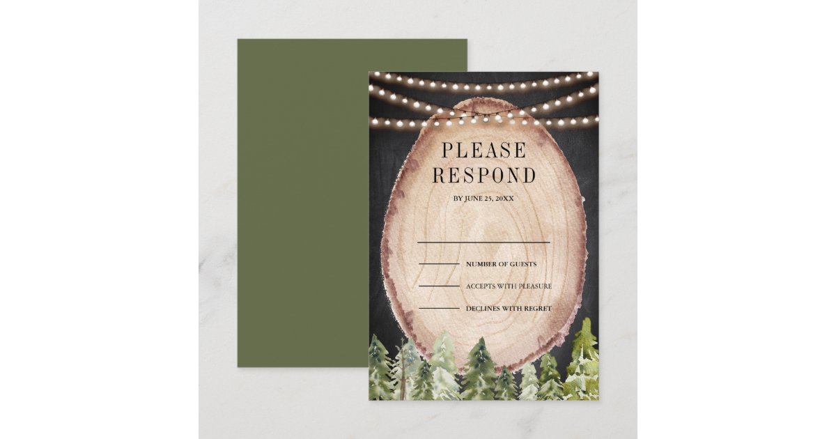 Rustic Woodland Pine Forest Wood Slice Wedding RSVP Card | Zazzle