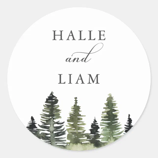 Rustic Woodland Pine Tree Wedding Classic Round Sticker | Zazzle