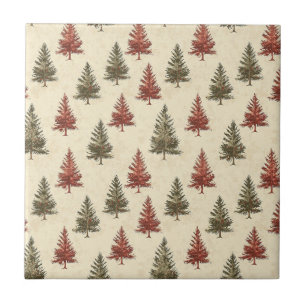 Rustic Woodland Pine Trees Olive Terracotta Cream Ceramic Tile