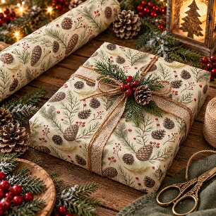 Rustic Woodland Pinecones & Evergreen Christmas Wrapping Paper