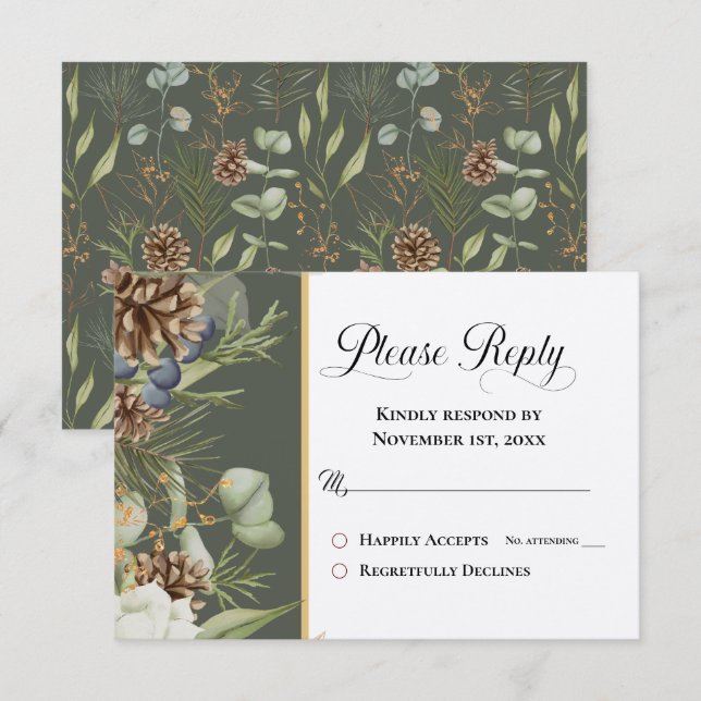 Rustic Woodland Pinecones on Green Please Reply  (Front/Back)