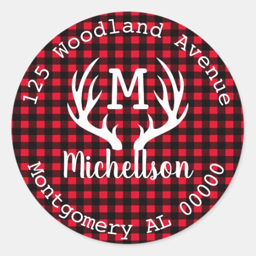 Rustic Woodland Plaid White Deer Antlers Address Classic Round Sticker