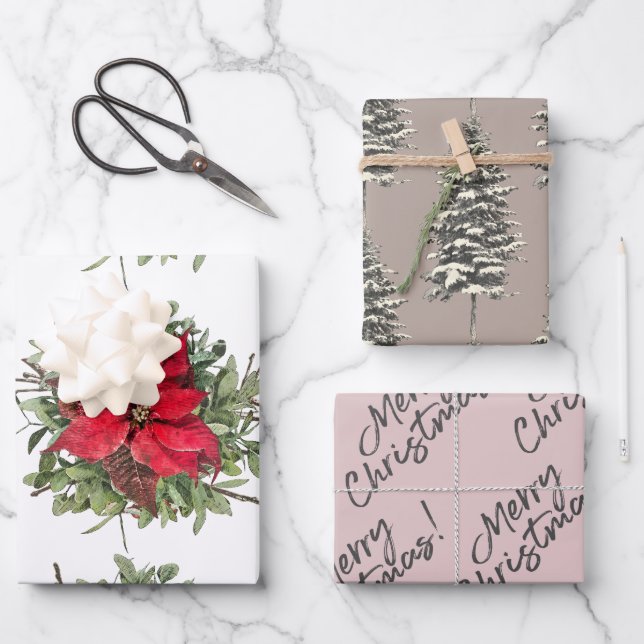Rustic Woodland Poinsettia Merry Christmas Wrapping Paper Sheets (Front)