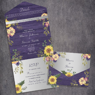 Rustic Woodland Purple Floral Wedding All In One Invitation