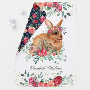 Rustic Woodland Red Roses Cute Floral Bunny Baby Blanket