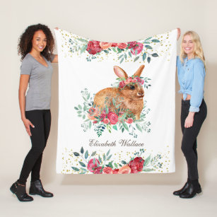 Rustic Woodland Red Roses Cute Floral Bunny Fleece Blanket